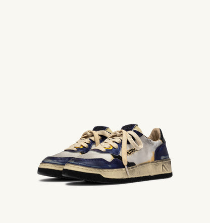 MEDALIST LOW SUPER VINTAGE SNEAKERS IN WHITE AND TANZANITE LEATHER AND DRAGON MESH
