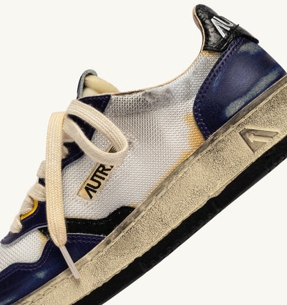 MEDALIST LOW SUPER VINTAGE SNEAKERS IN WHITE AND TANZANITE LEATHER AND DRAGON MESH