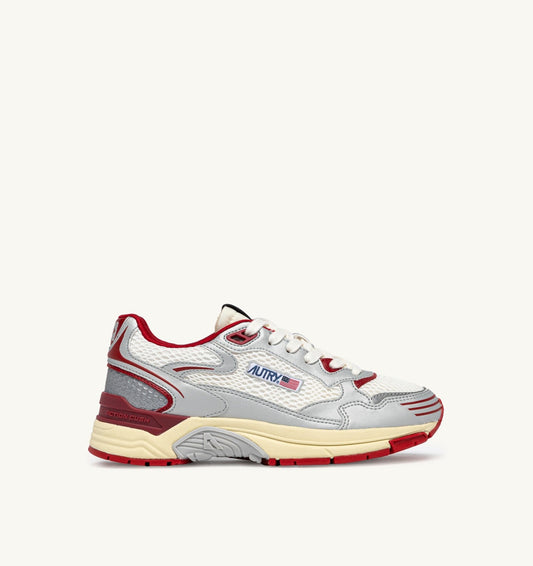 HYPERWAY SNEAKERS IN WHITE SILVER AND RED SYNTHETIC LEATHER AND MESH