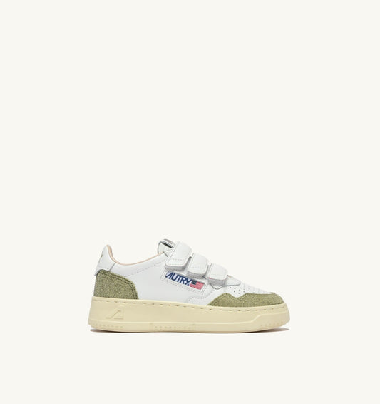 MEDALIST KIDSTRIPES SNEAKERS IN WHITE LEATHER AND GLITTER SAGE LEATHER