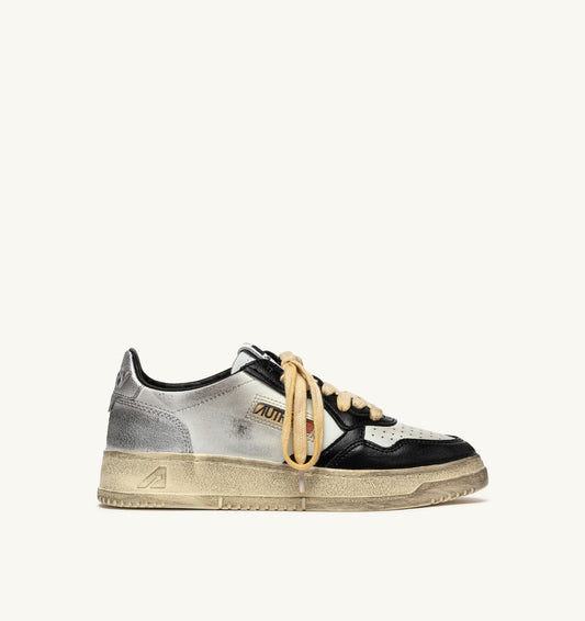 MEDALIST LOW SUPER VINTAGE SNEAKERS IN WHITE BLACK AND SILVER LEATHER