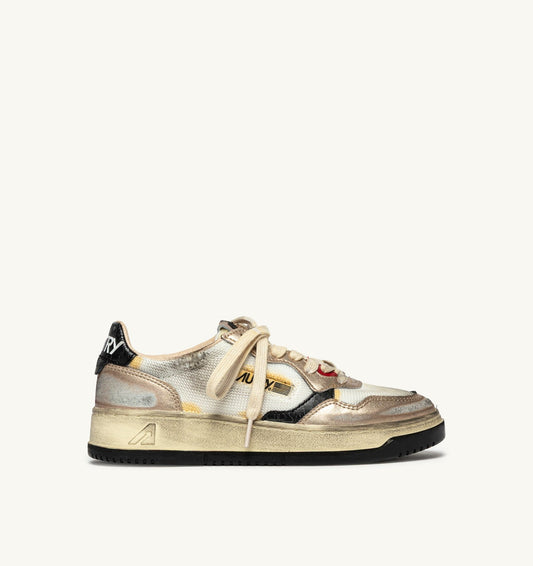 MEDALIST LOW SUPER VINTAGE SNEAKERS IN WHITE MESH, GOLD SUEDE AND BLACK LEATHER