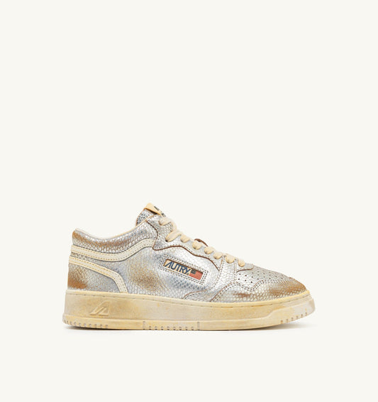 MED-WAY SUPER VINTAGE SNEAKERS IN SILVER AND MARSHMALLOW SNAKE-PRINT LEATHER
