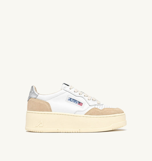 MEDALIST PLATFORM SNEAKERS IN SILVER AND WHITE SUEDE AND LEATHER