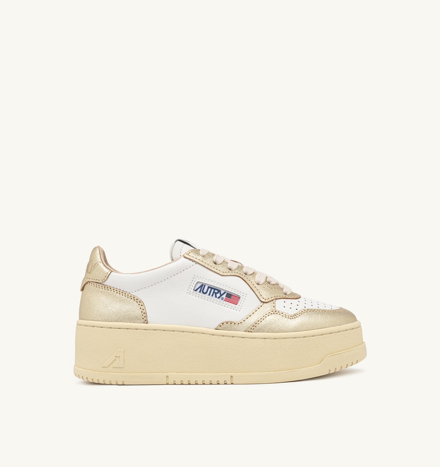 MEDALIST PLATFORM SNEAKERS IN WHITE AND METALIZED PLATINUM LEATHER