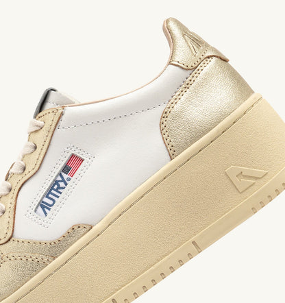 MEDALIST PLATFORM SNEAKERS IN WHITE AND METALIZED PLATINUM LEATHER
